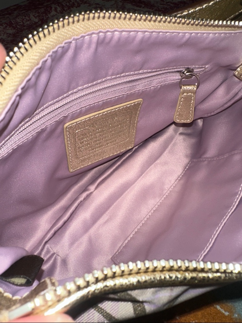COACH Metallic Beige & Lilac Plaid Signature Shoulder Bag - Picture 13 of 16